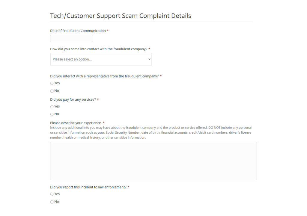 Example Scam Reporting Form